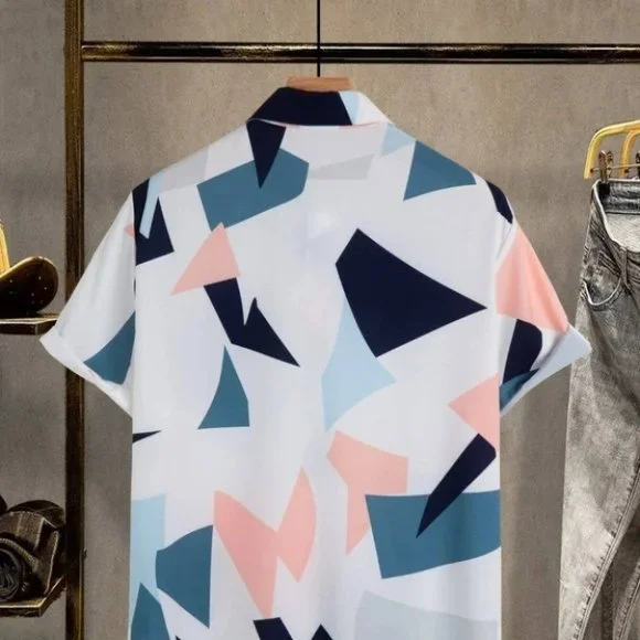 White Casual Men's Geometric Print Shirt - Picture 3 of 6
